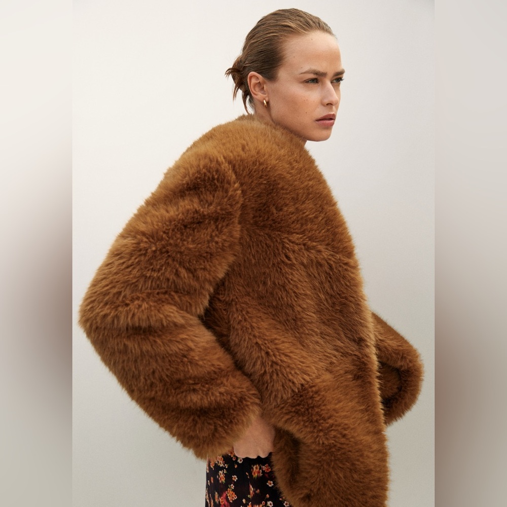 Mango MNG Oversized Brown Faux Fur Jacket Coat - Picture 8 of 10